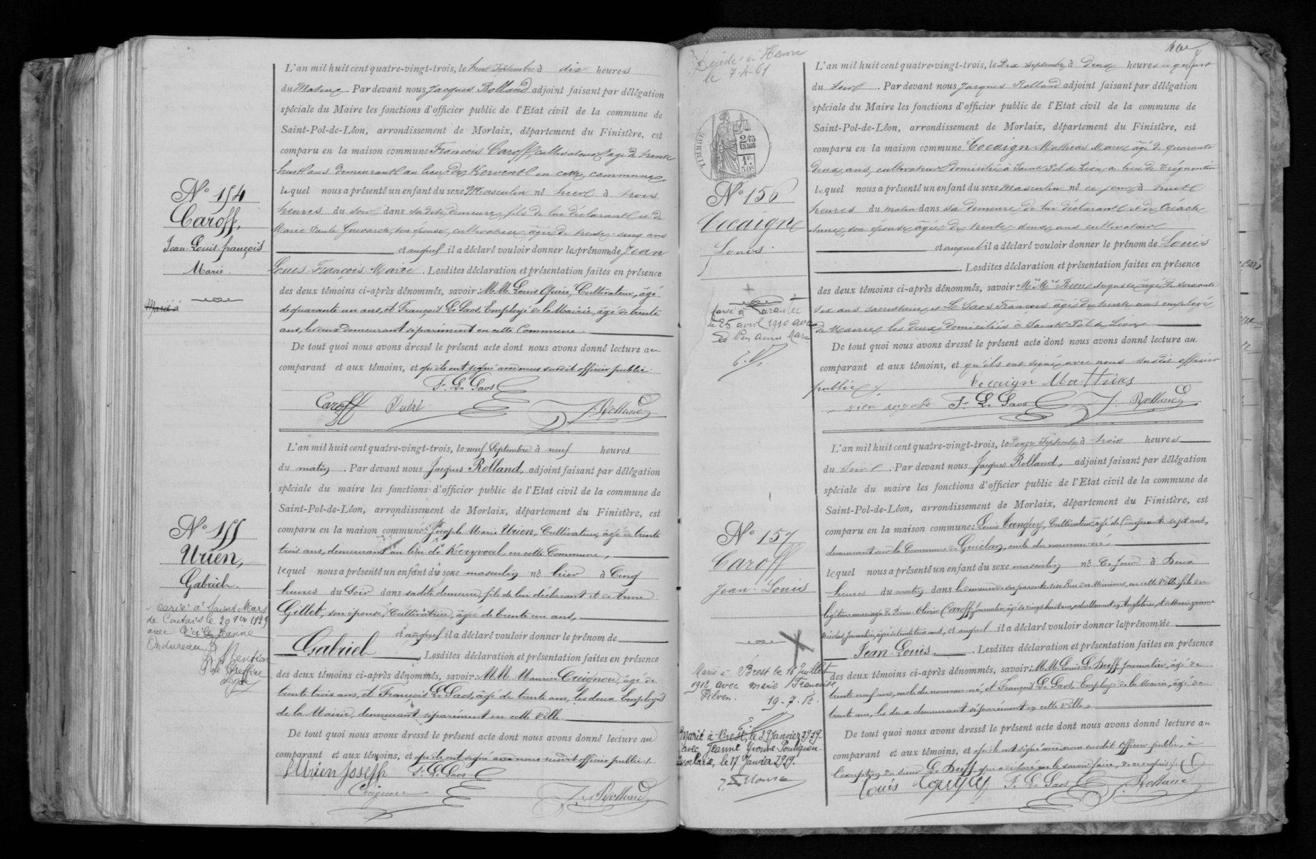 Acte de naissance de Gabriel Urien à Saint-Pol-de-Léon en 1883
