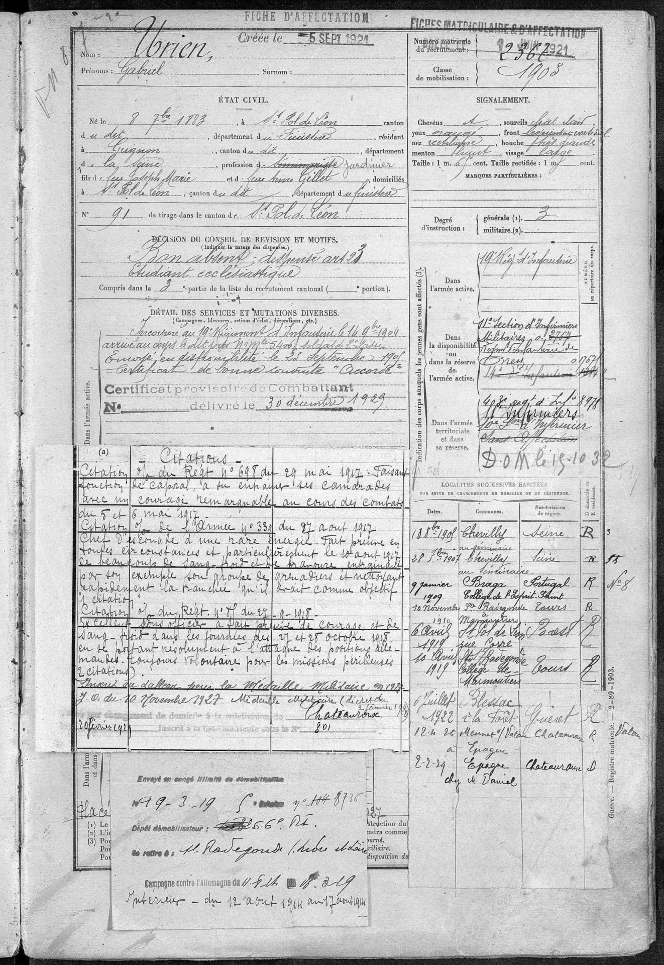 Fiche matricule militaire de Gabriel Urien, matricule 2367, classe 1903