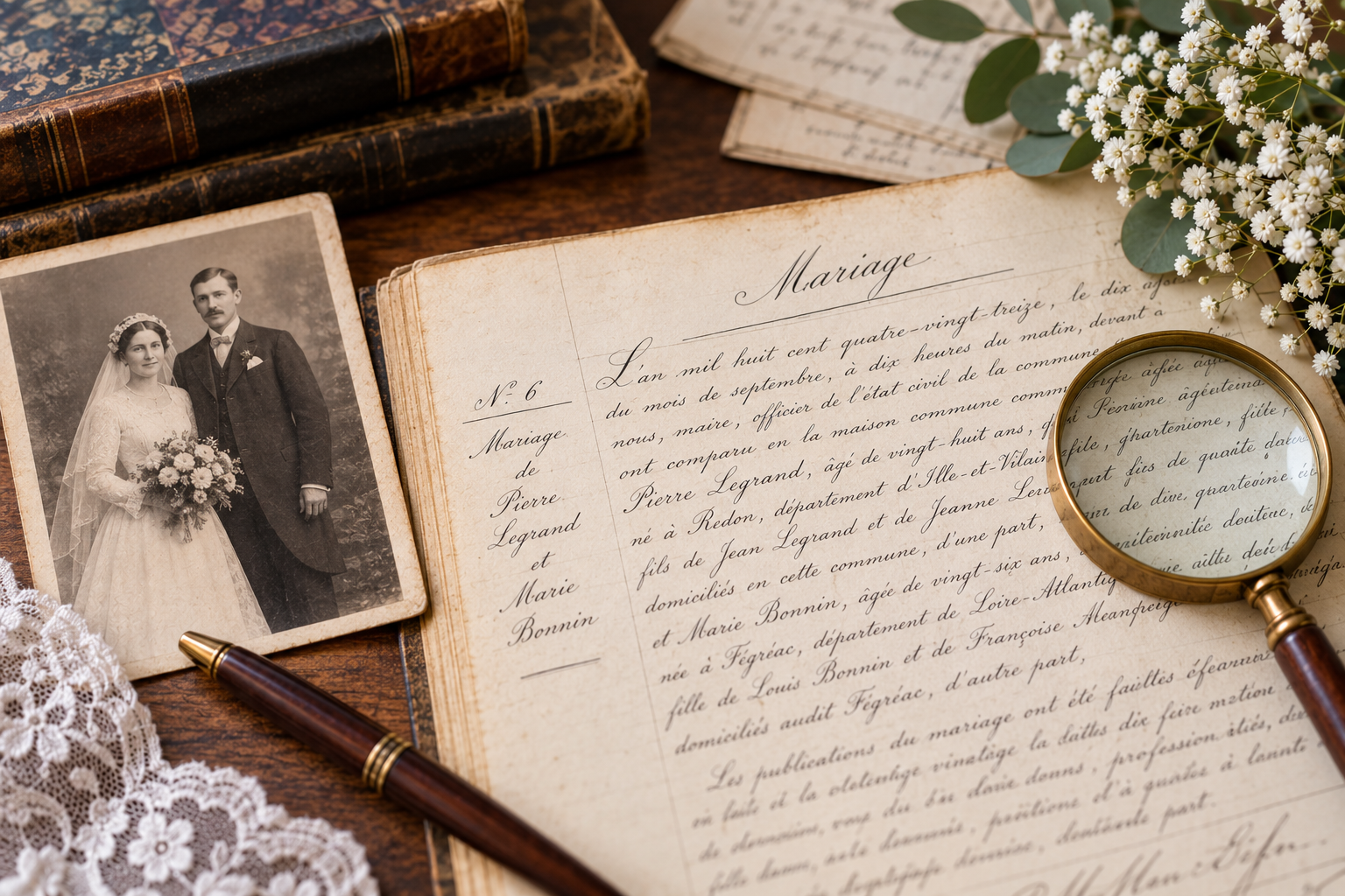 Acte de mariage ancien avec photographie de mariés, loupe et documents de généalogie