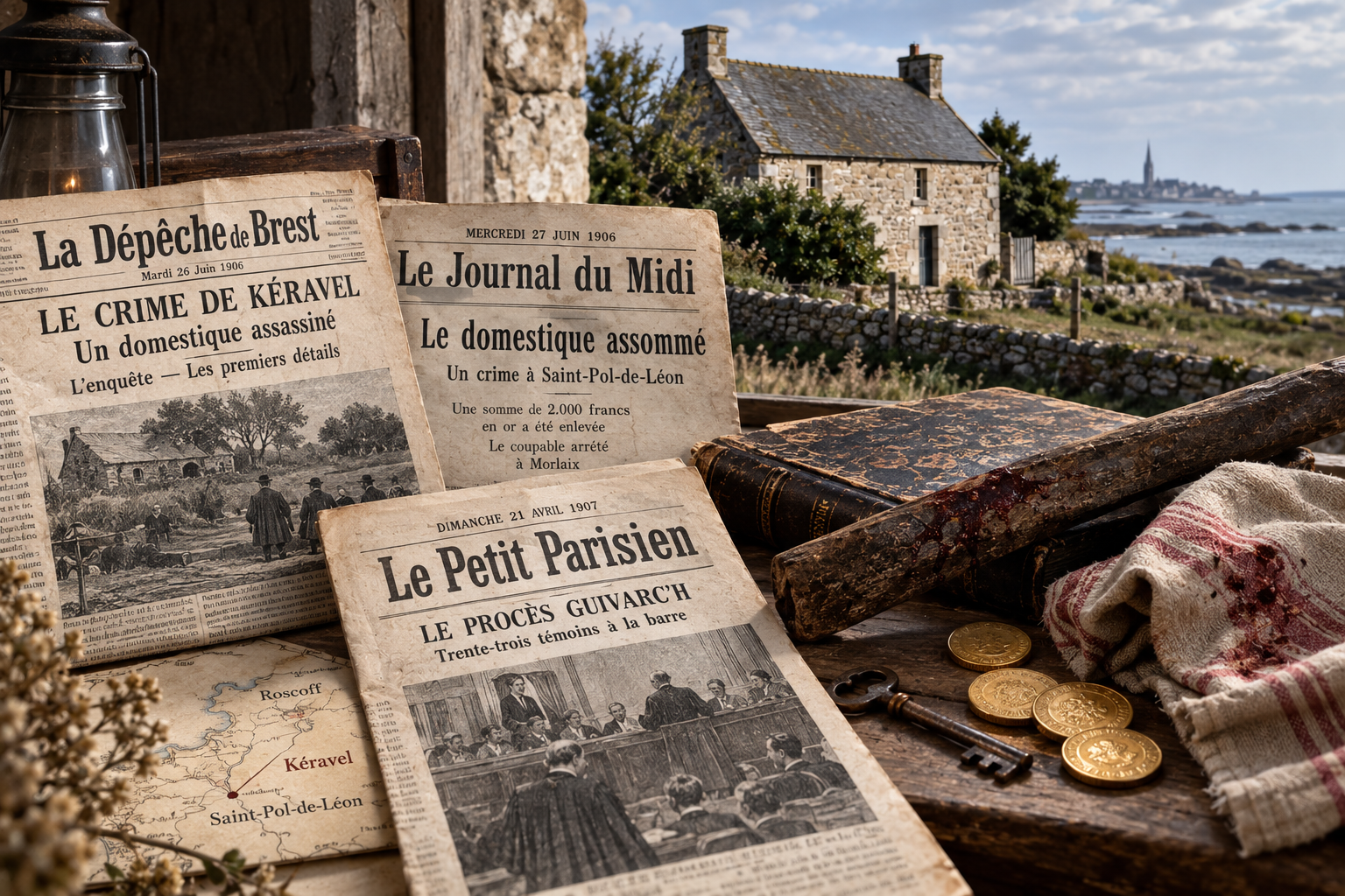 Documents de presse ancienne, carte de Roscoff et objets évoquant l’assassinat de Jean-Marie Urien à Kéravel en 1906