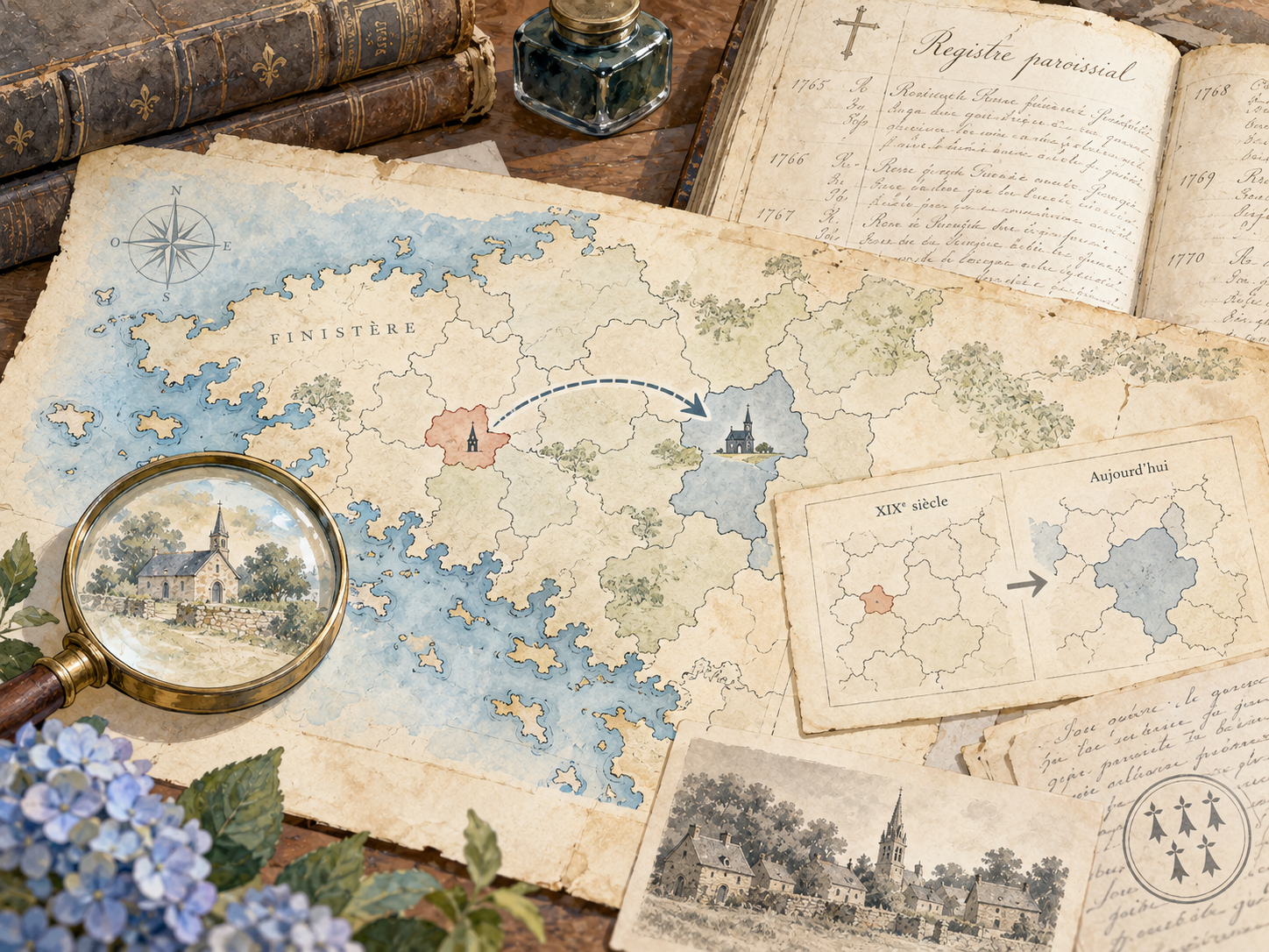 Carte ancienne de Bretagne montrant le rattachement d’une ancienne paroisse à une commune actuelle