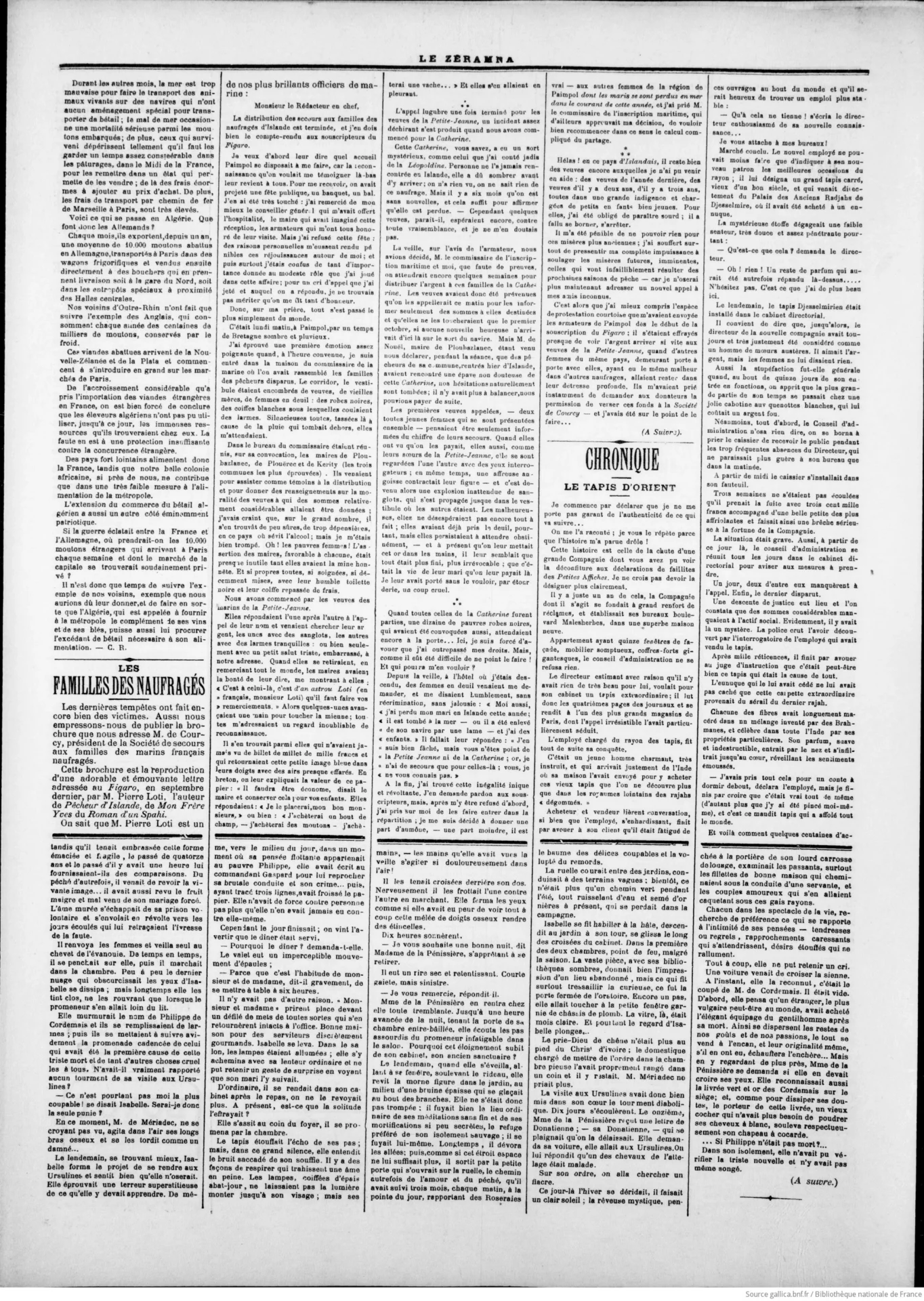 Les familles des naufragés – Le Zeramna, 1887 Article Les familles des naufragés publié dans Le Zeramna le 5 novembre 1887