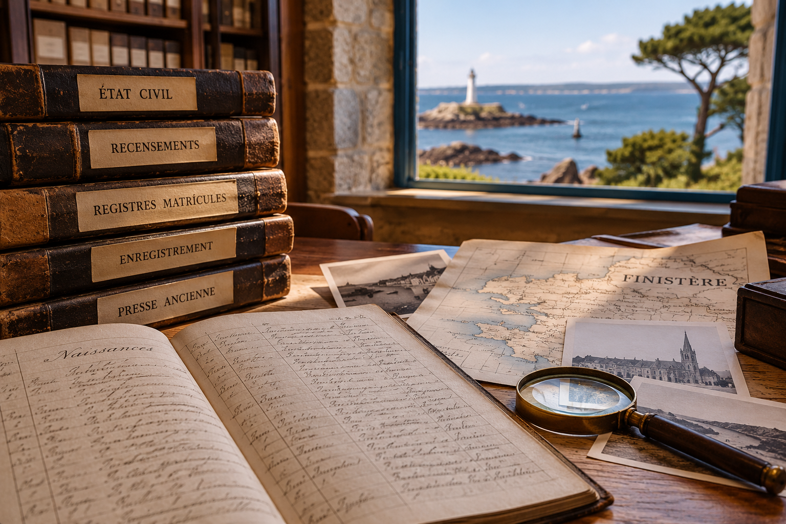 Registres anciens, carte du Finistère et documents d'archives pour une recherche généalogique