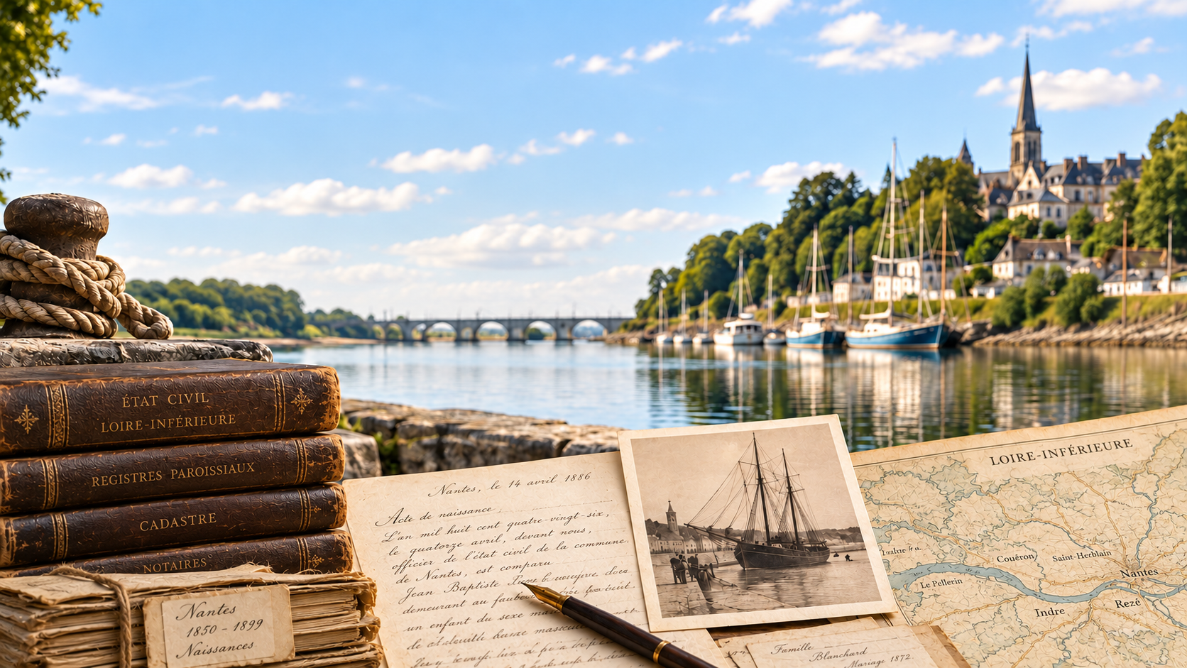 Recherche généalogique en Loire-Atlantique avec registres anciens, carte, archives et patrimoine maritime