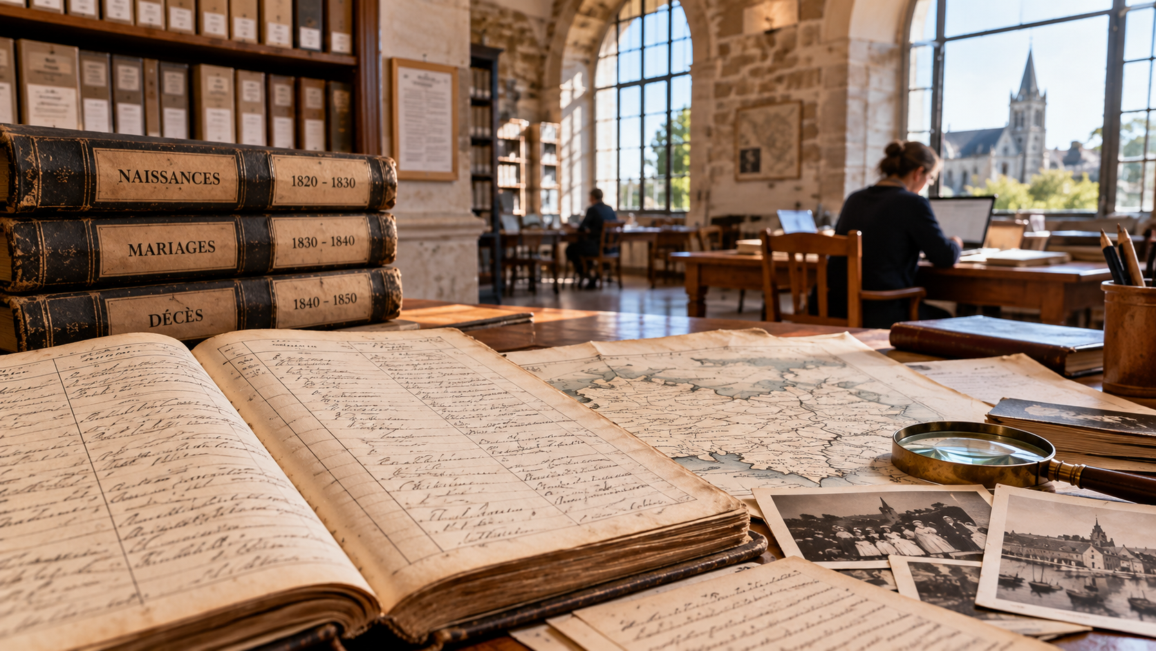 Salle d'archives avec registres d'état civil, documents anciens et cartes pour une recherche généalogique