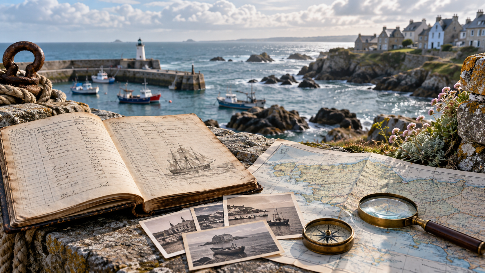 Registre ancien, carte et photographies de bateaux dans un port du Finistère