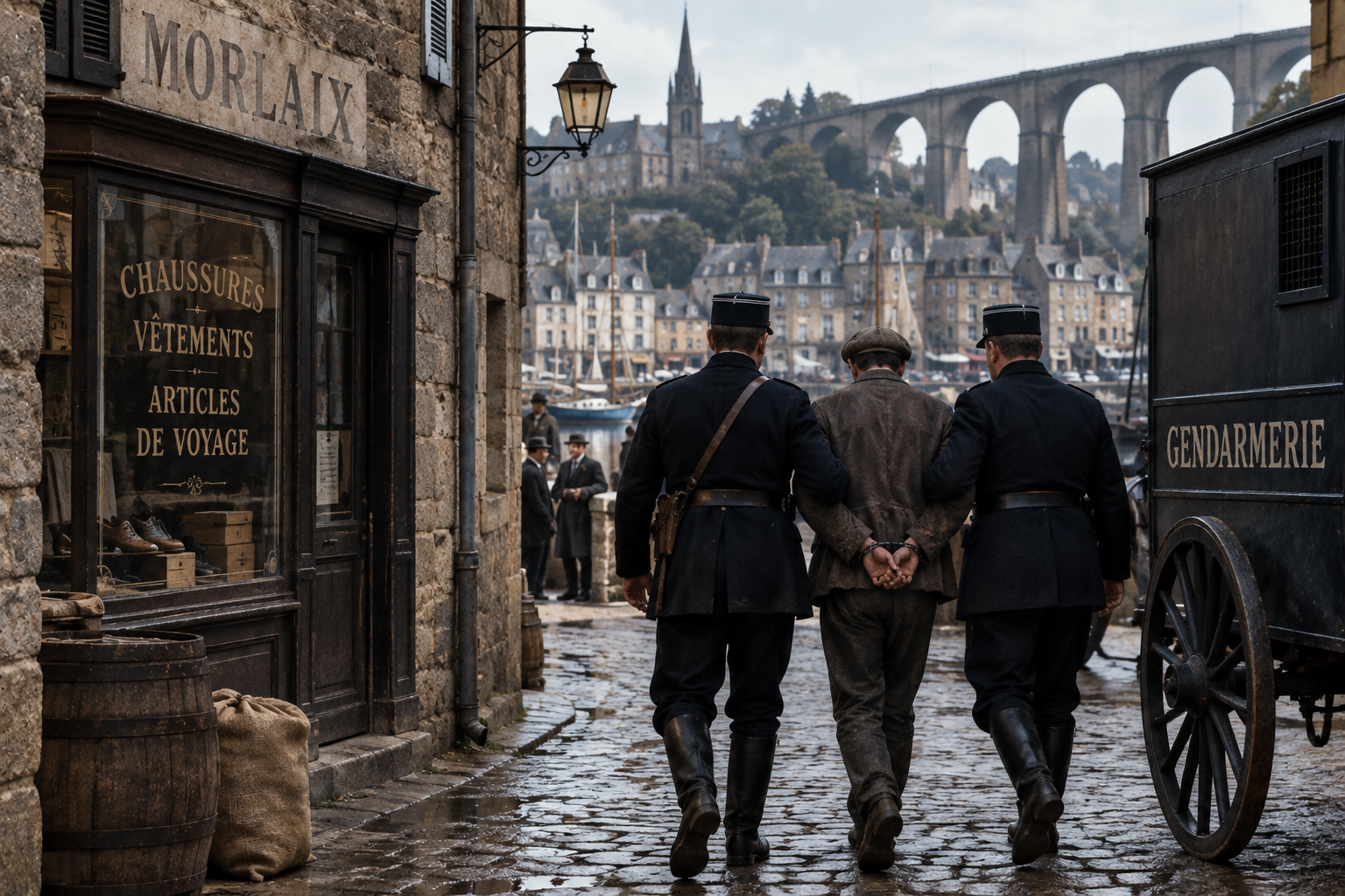 Reconstitution de l’arrestation de Pierre Guivarc’h à Morlaix en 1906, escorté par deux gendarmes dans une rue pavée