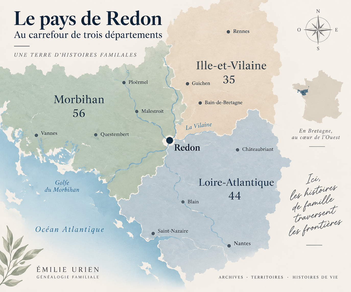 Carte du pays de Redon entre l’Ille-et-Vilaine, la Loire-Atlantique et le Morbihan