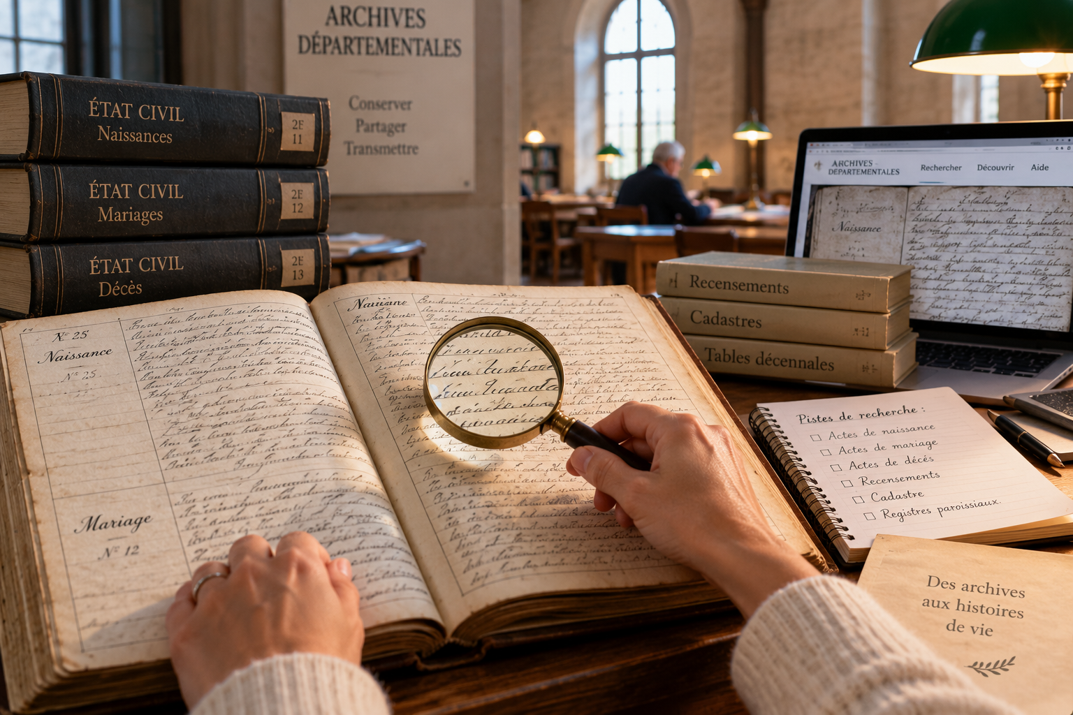 Recherche généalogique dans un registre d’état civil aux archives départementales
