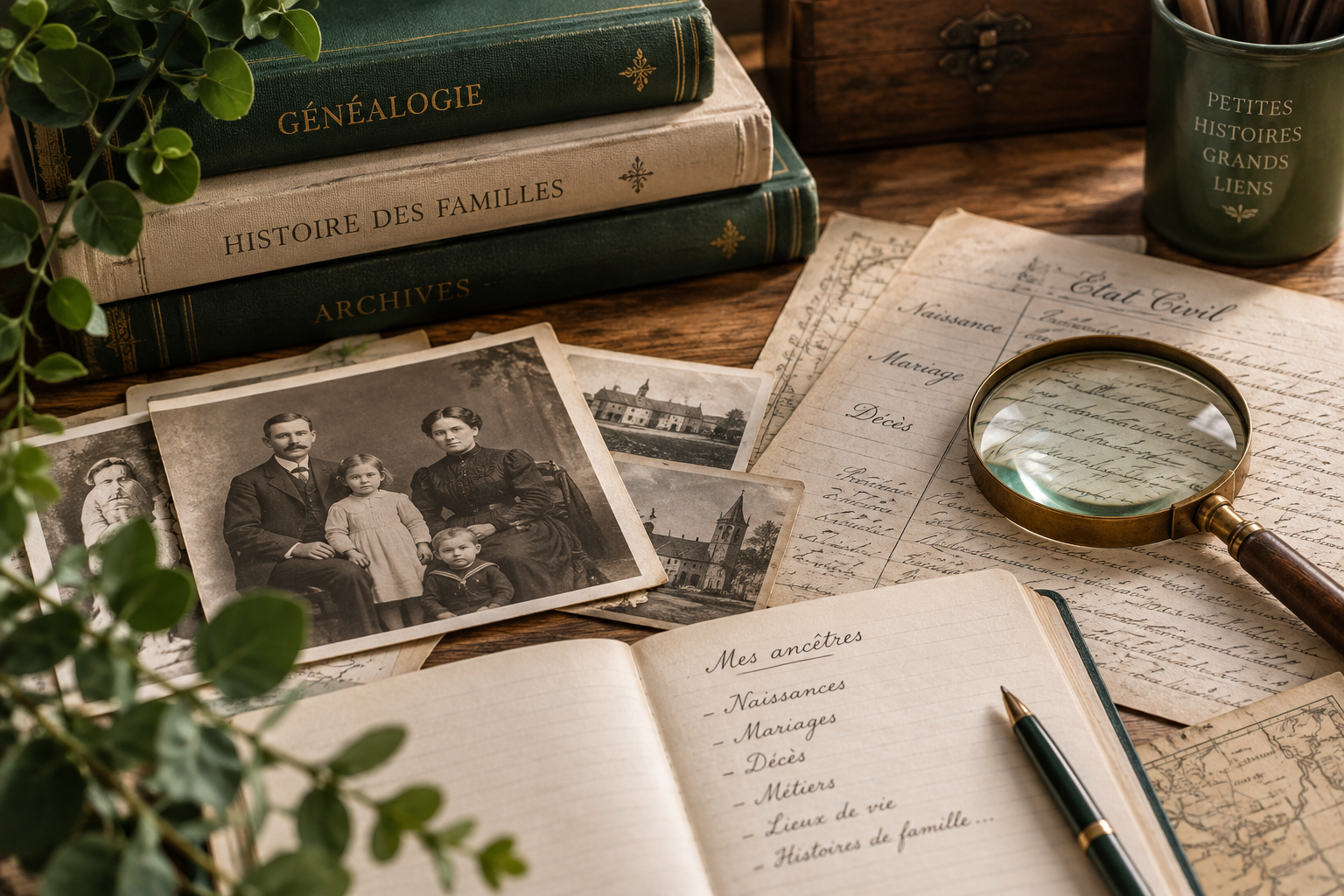 Documents anciens, photographies de famille et carnet de recherches généalogiques