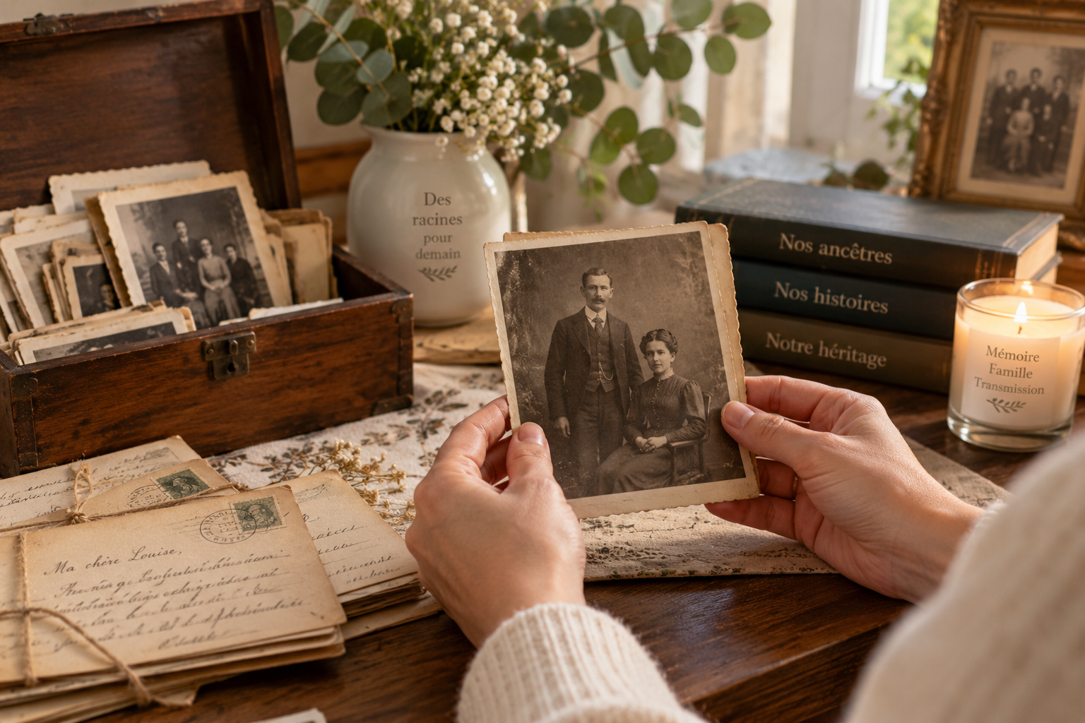 Personne tenant une ancienne photographie de famille parmi des lettres et souvenirs familiaux