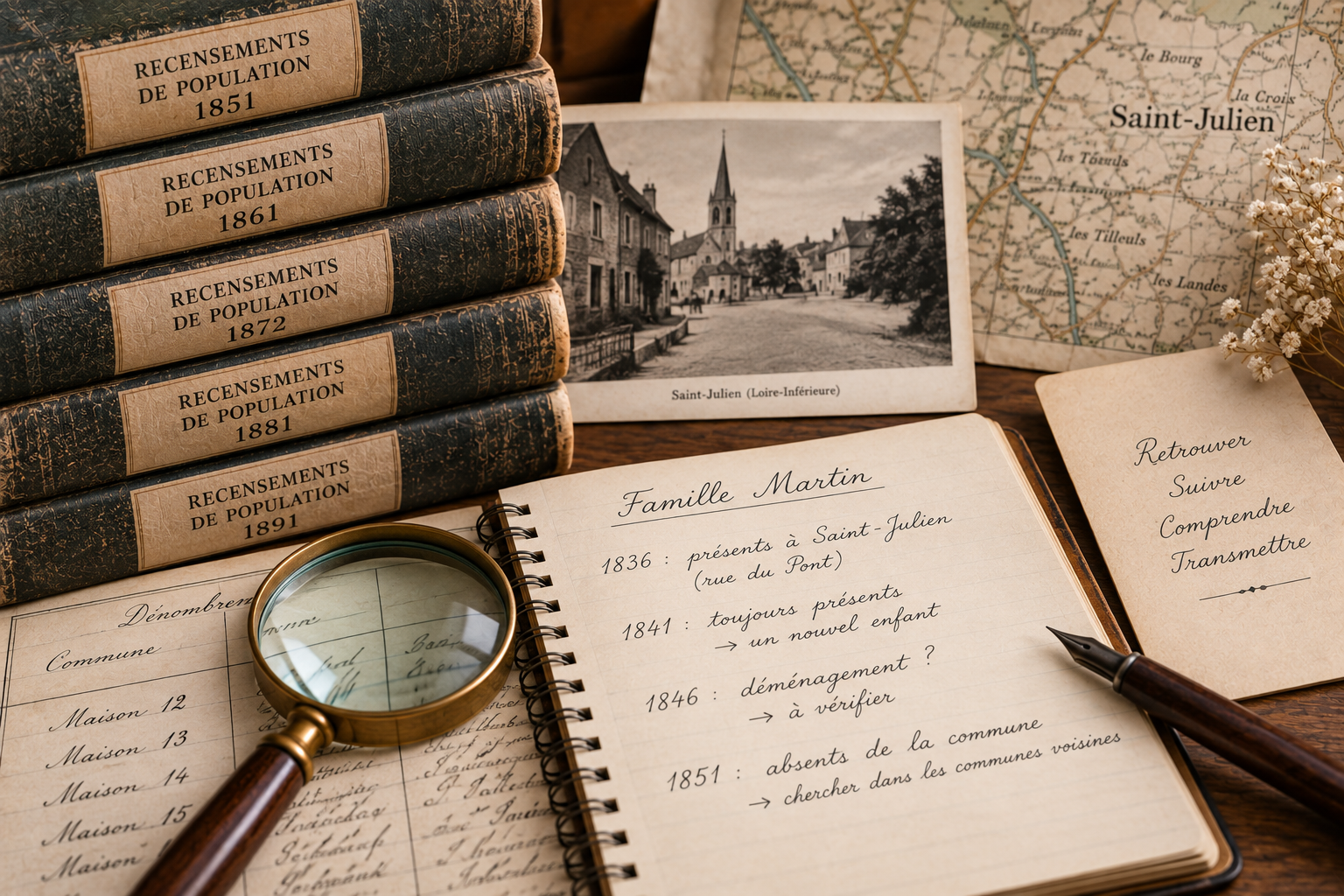 Plusieurs registres de recensement anciens accompagnés d’un carnet permettant de suivre une famille au fil des années.