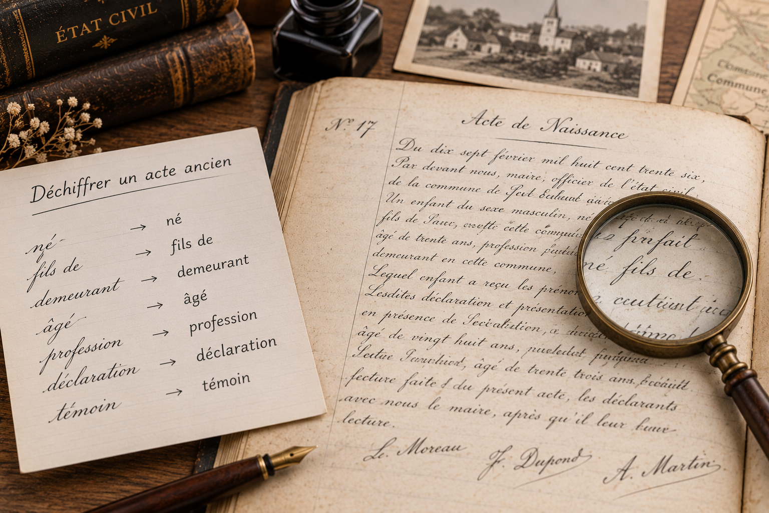 Registre d’état civil ancien et fiche comparant des mots manuscrits à leur transcription moderne.