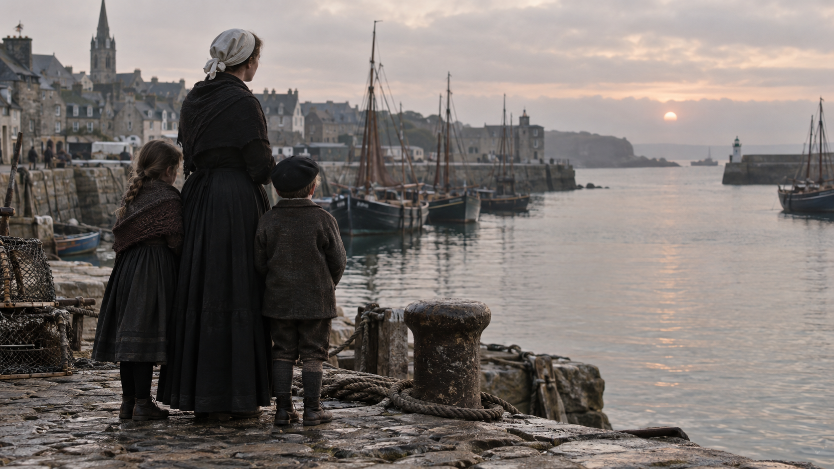 Femme et deux enfants observant le port breton au départ des marins d’Islande
