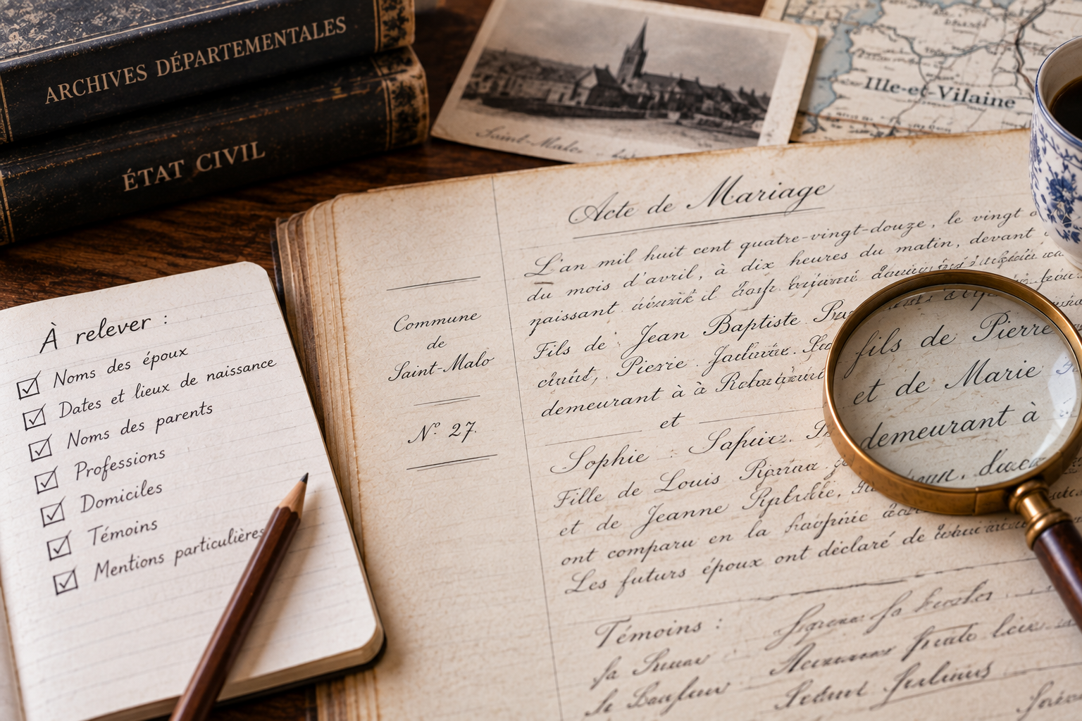 Acte de mariage ancien accompagné d’une fiche de lecture avec les informations généalogiques à relever