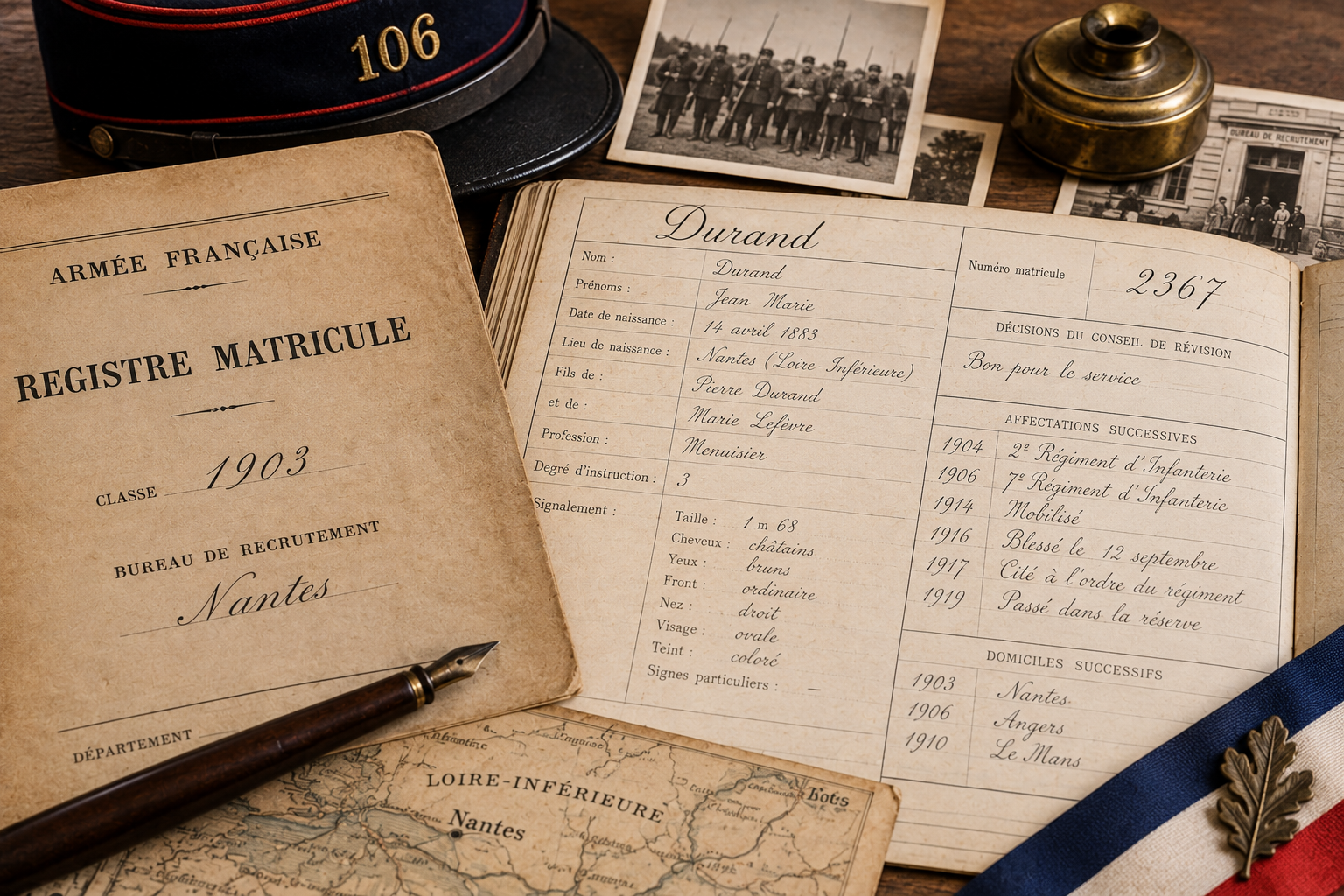 Registre matricule militaire ancien ouvert sur une fiche individuelle, entouré de documents et photographies militaires.