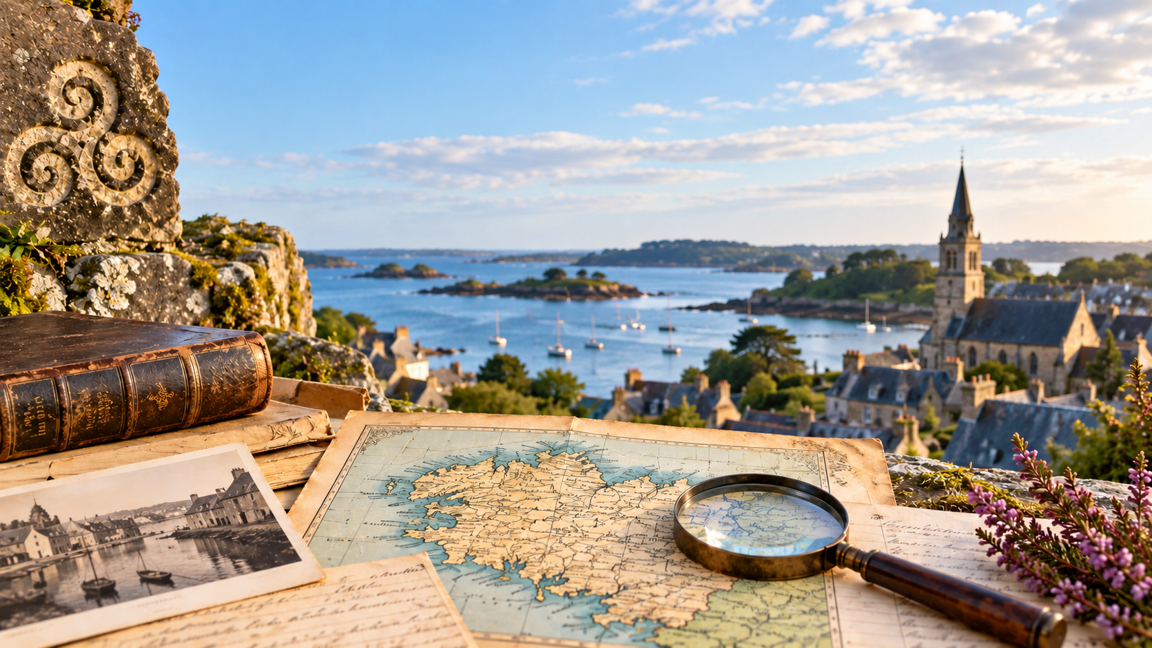 Recherche généalogique en Bretagne avec carte ancienne, archives et paysage breton