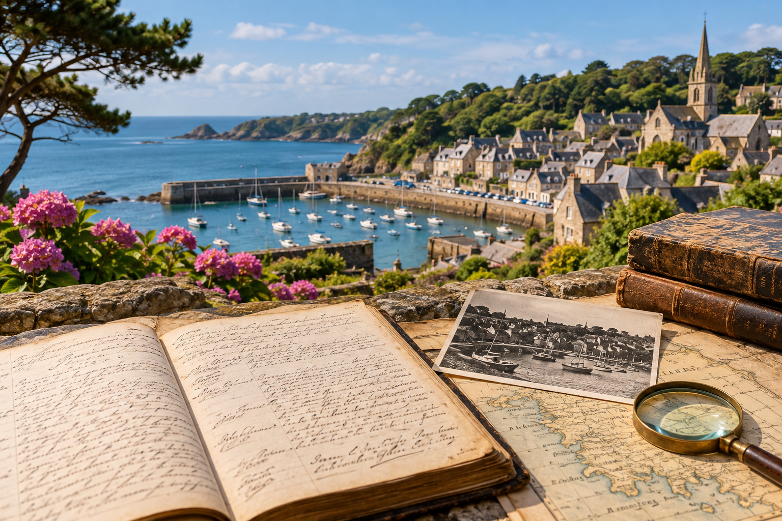 Registre ancien et documents généalogiques devant un port des Côtes-d’Armor