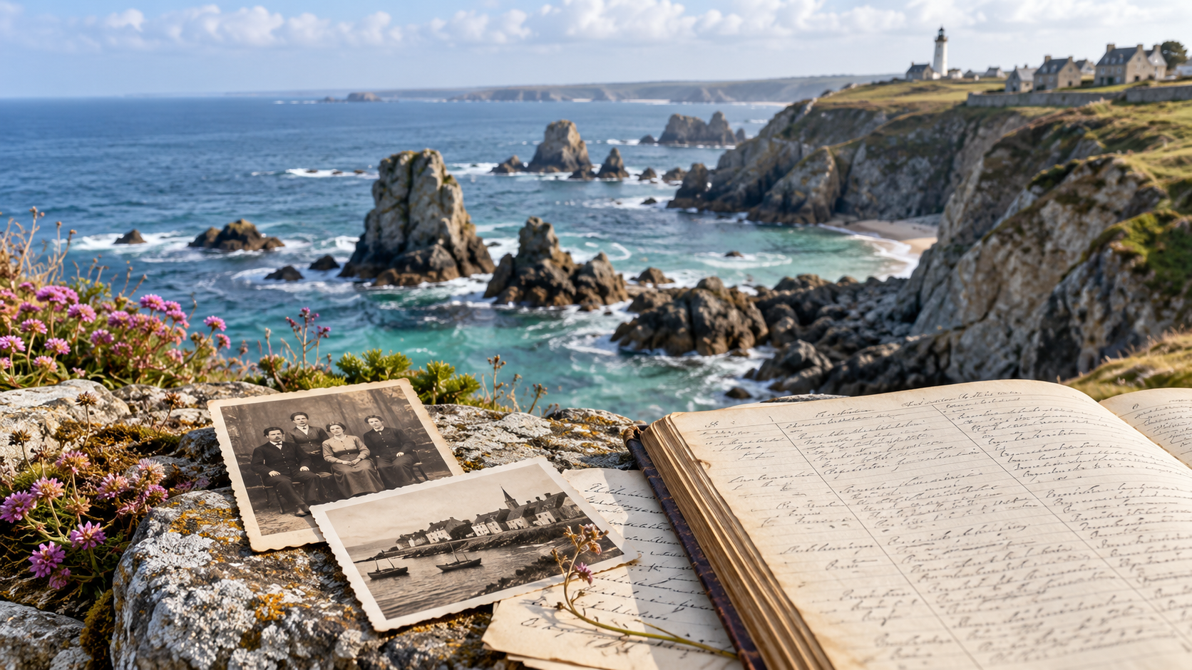 Documents généalogiques anciens devant un paysage côtier du Finistère