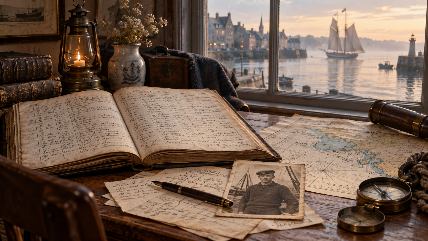 Bureau de recherche généalogique maritime avec registre ancien, carte marine, photographie de marin et goélette au large de Paimpol