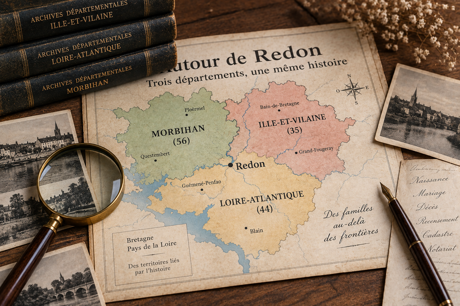 Carte du pays de Redon entre Ille-et-Vilaine, Loire-Atlantique et Morbihan avec documents d’archives généalogiques