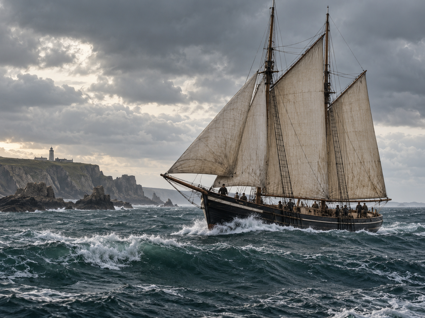 Goélette de pêche du XIXe siècle naviguant sur une mer agitée