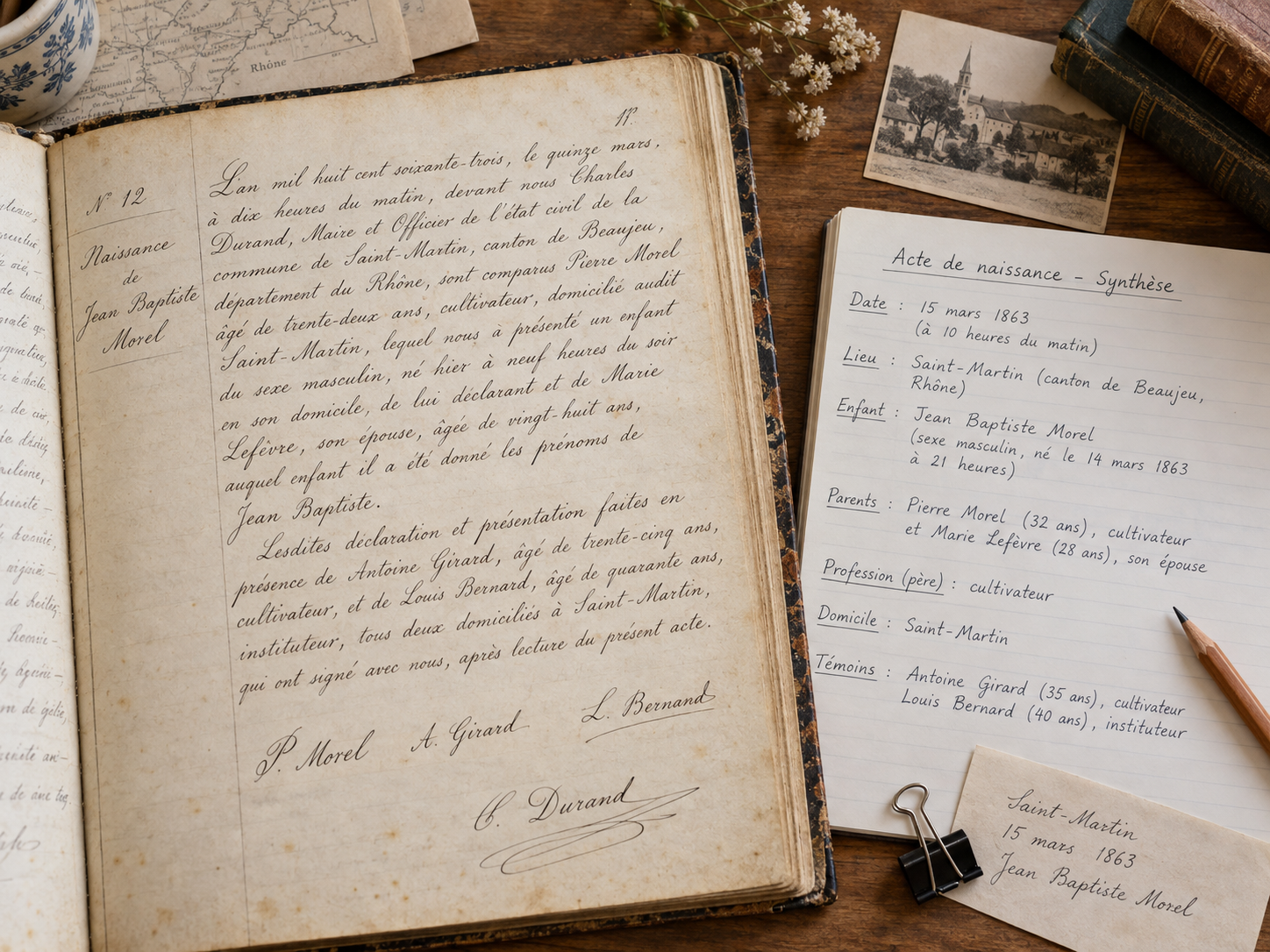 Acte de naissance ancien à côté d’un carnet résumant les informations généalogiques à relever.
