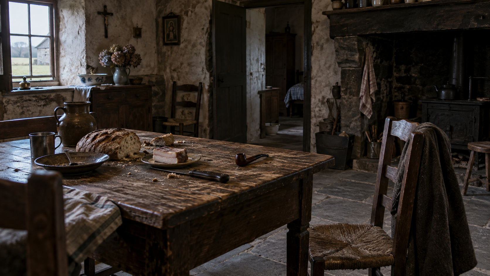Intérieur d’une maison bretonne avec pain, lard, pipe et couteau sur une table, évoquant les circonstances de la mort de Jean-Marie Urien à Kéravel en 1906