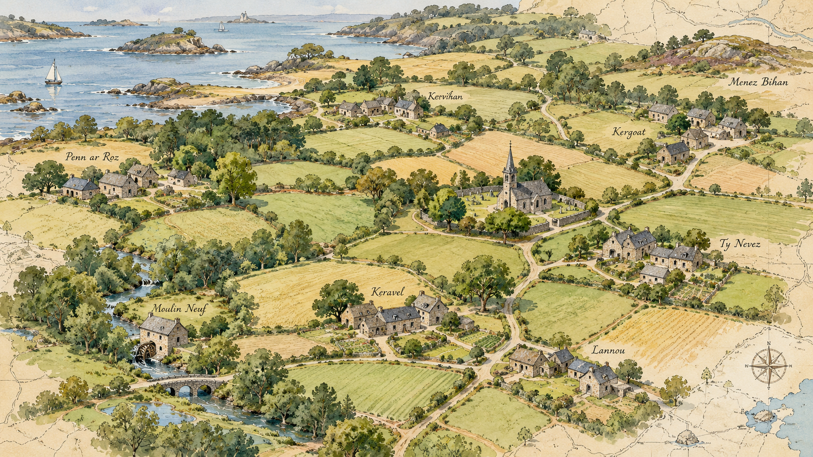Carte illustrée de lieux-dits bretons avec hameaux, chemins et villages anciens