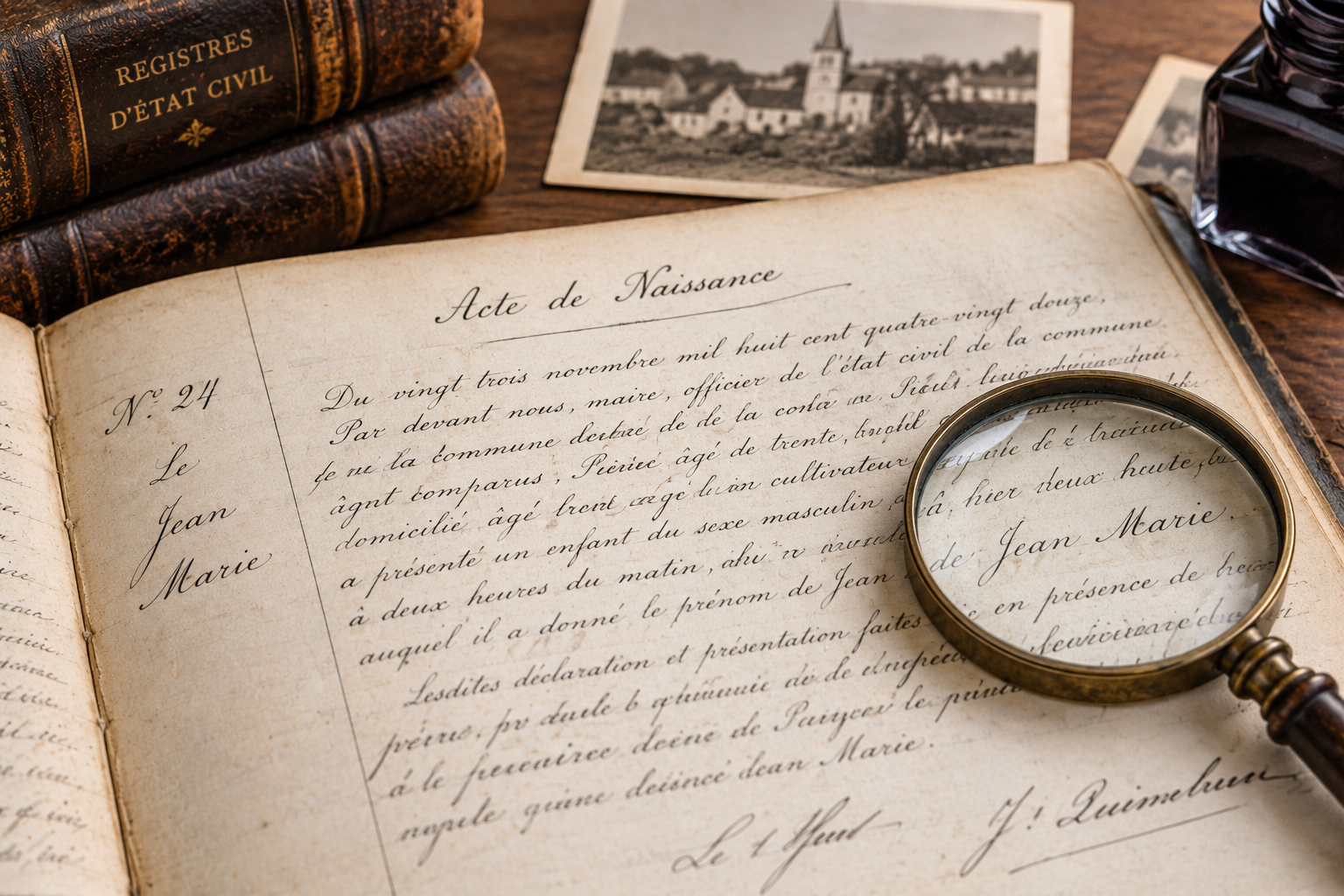 Registre ancien d’état civil ouvert sur un acte de naissance, avec une loupe.