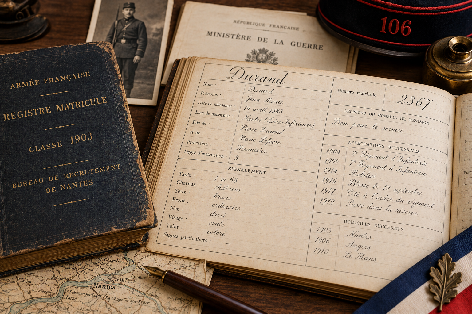 Fiche matricule militaire ancienne ouverte montrant l’état civil, le signalement, les affectations et les domiciles successifs.