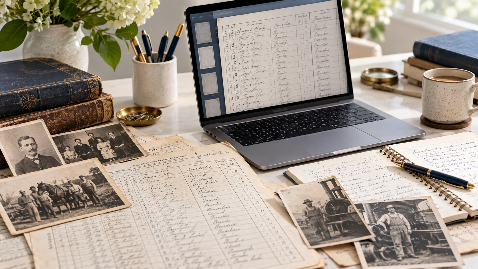 Bureau de recherche généalogique moderne avec ordinateur portable, registres anciens, notes manuscrites et anciennes photographies de métiers.