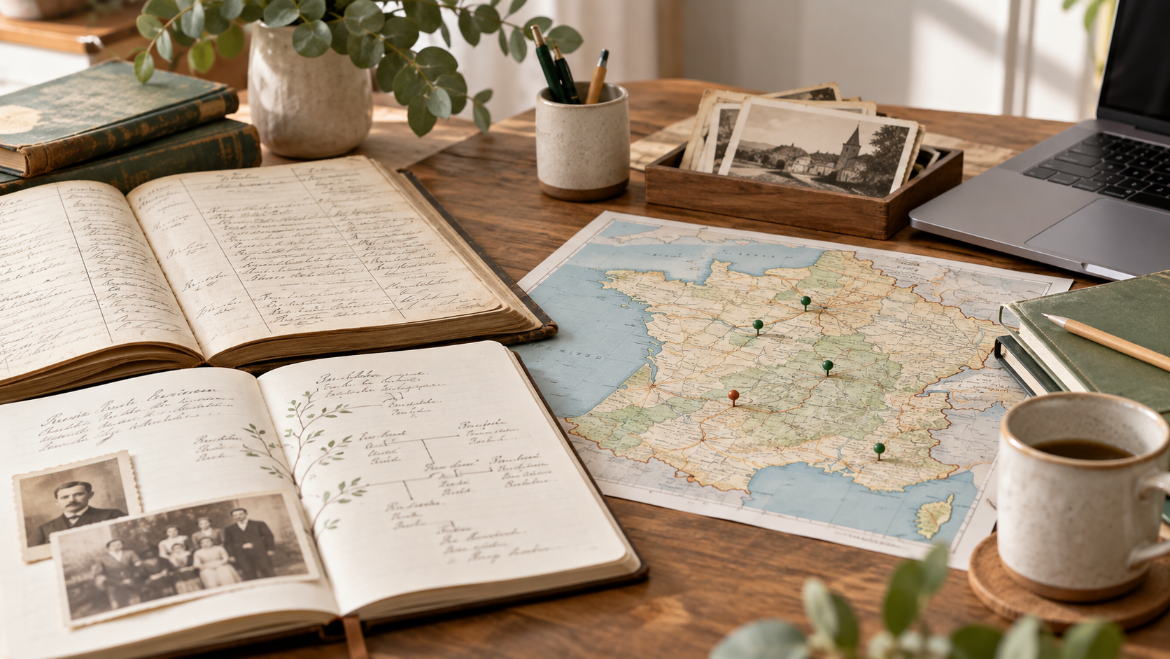 Bureau de recherche généalogique avec registre ancien, carnet d’arbre familial, carte de France et ordinateur portable.