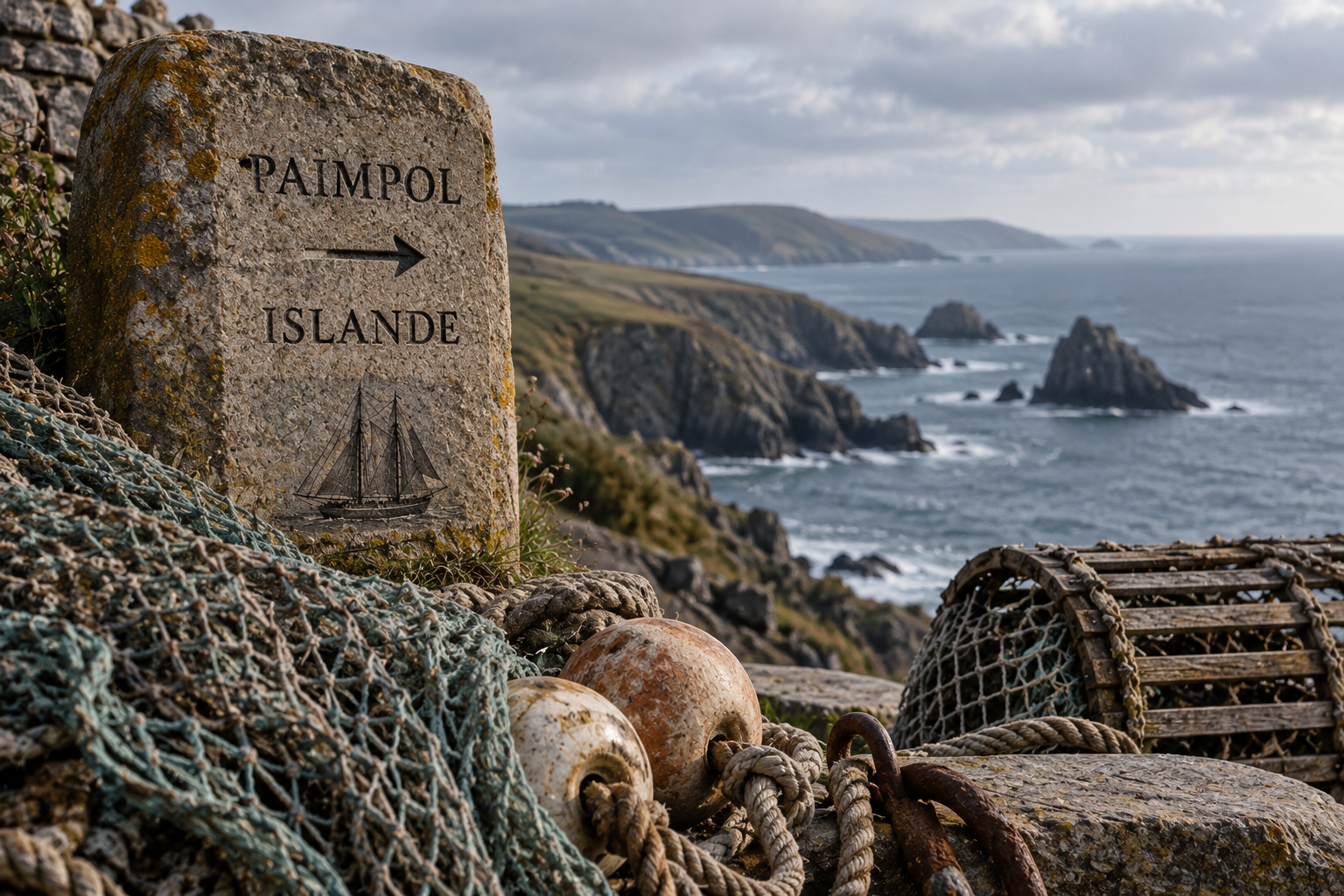 Borne illustrée indiquant Paimpol et l’Islande au bord d’une côte bretonne avec filets et matériel de pêche