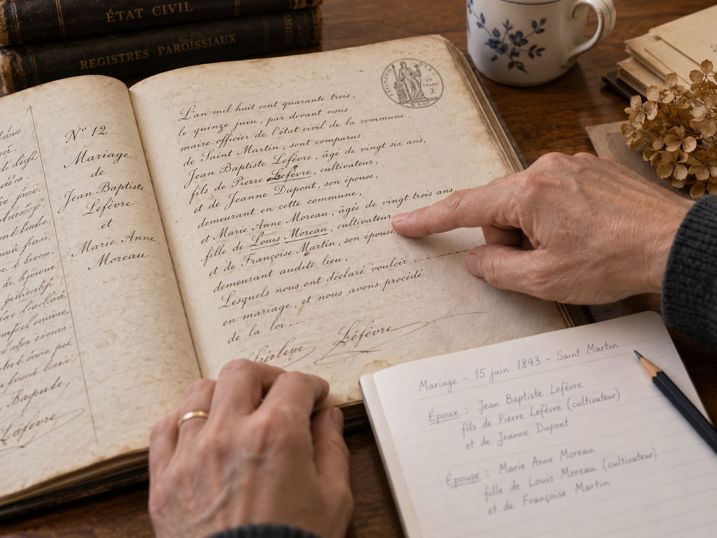 Recherche généalogique dans un acte de mariage ancien avec les parents des époux relevés dans un carnet