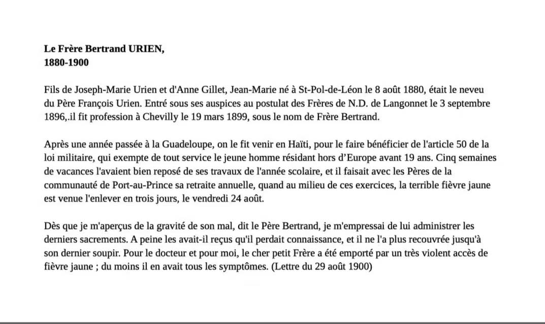 Notice consacrée au Frère Bertrand, Jean-Marie Urien, né en 1880 à Saint-Pol-de-Léon et mort en 1900
