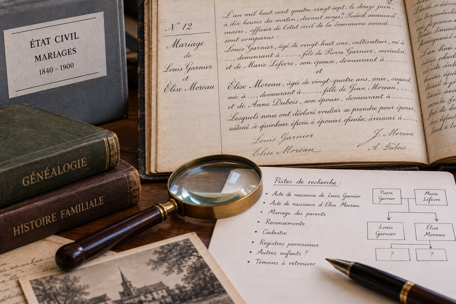 Acte de mariage ancien accompagné de notes de recherche généalogique, d’un arbre familial et de pistes à explorer