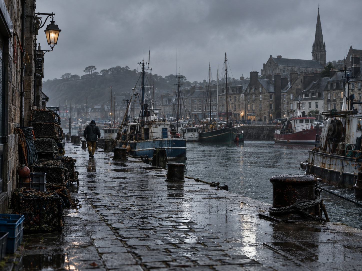 Un matin sombre et pluvieux à Paimpol Port de Paimpol sous un ciel sombre et pluvieux, dans une ambiance bretonne mélancolique et maritime.