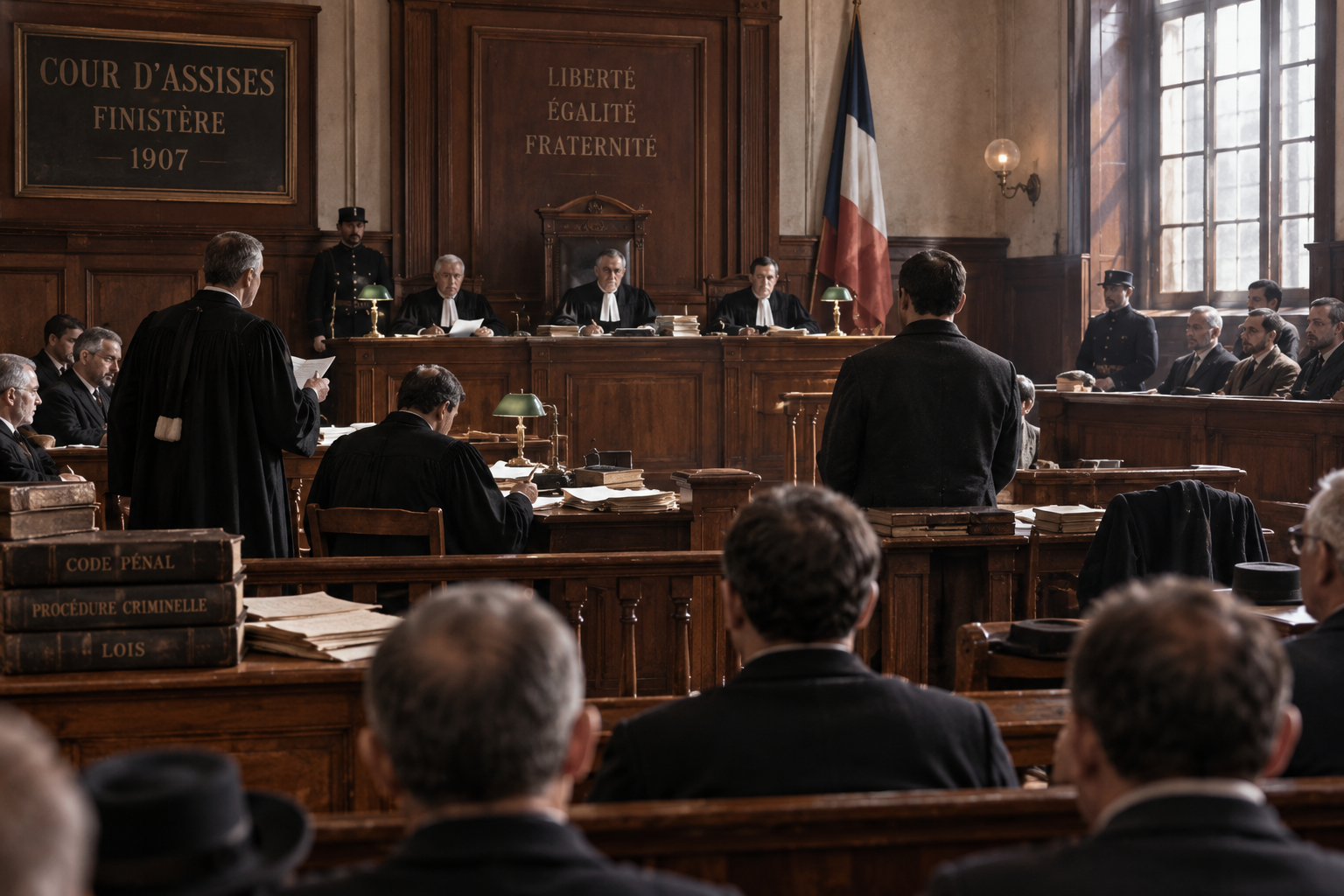 Reconstitution d’un procès devant la cour d’assises du Finistère en 1907, avec magistrats, avocats, jurés et accusé dans la salle d’audience