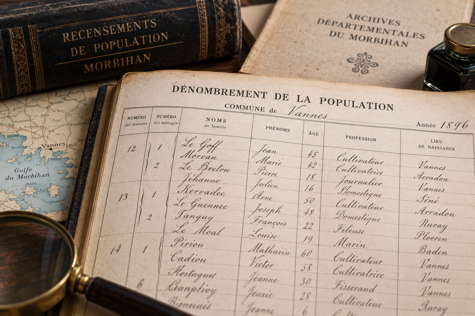 Recensements de population dans le Morbihan Registre de recensement de population utilisé pour une recherche généalogique dans le Morbihan
