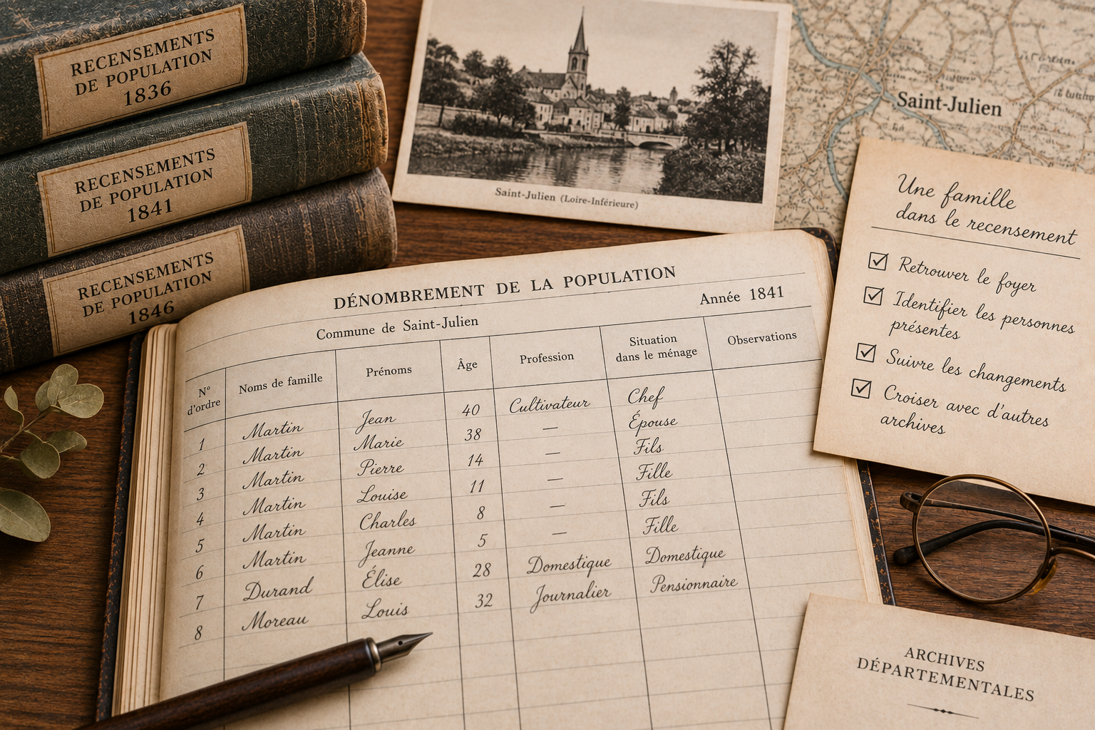 Ancien registre de recensement de population ouvert sur la composition d’un foyer familial.