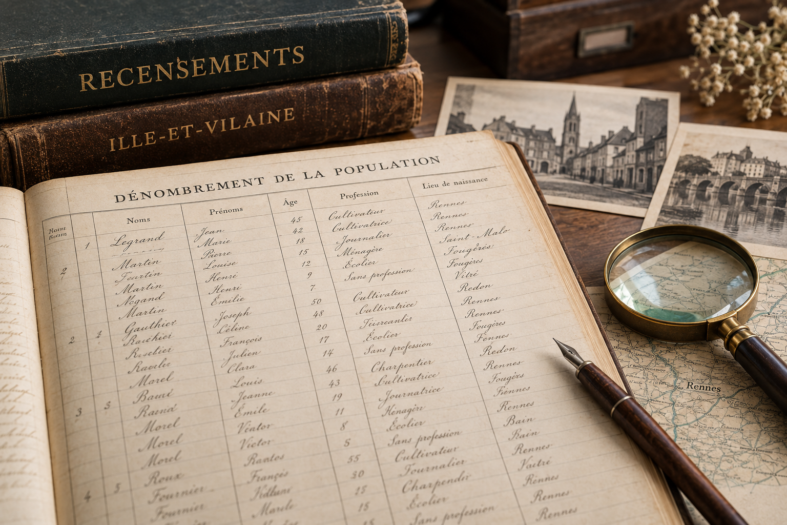 Registre de recensement de population utilisé pour une recherche généalogique en Ille-et-Vilaine