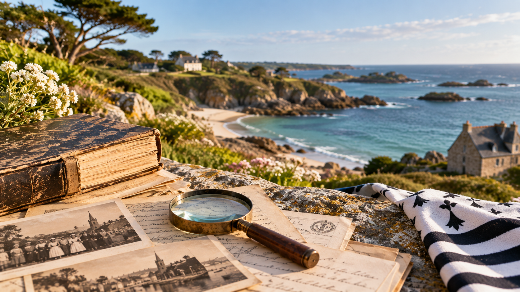 Documents généalogiques et photographies anciennes devant un paysage côtier breton