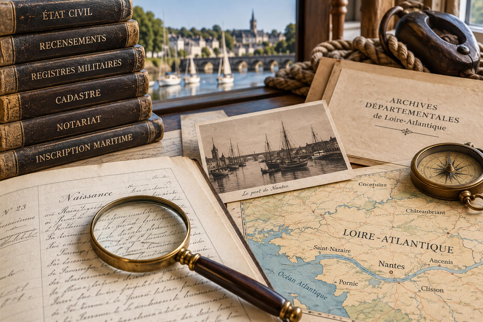 Carte de Loire-Atlantique entourée de registres et documents utilisés en généalogie