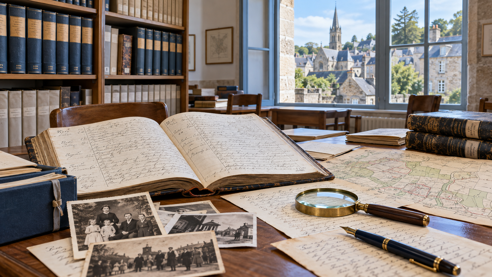 Archives généalogiques des Côtes-d’Armor Recherche généalogique dans une salle d’archives avec registre ancien et documents des Côtes-d’Armor