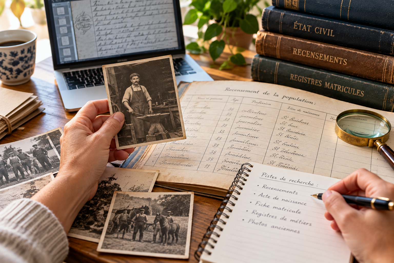 Main tenant une ancienne photographie de travailleur devant un recensement, des registres, un ordinateur et un carnet de recherche généalogique.