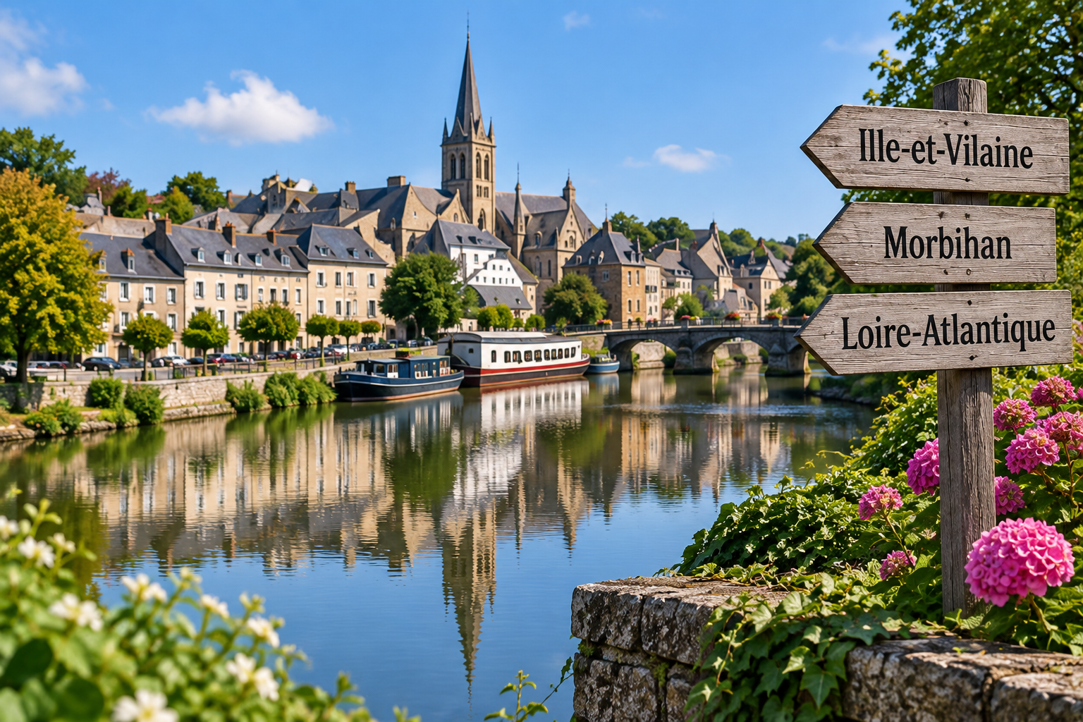 Vue de Redon avec panneaux indiquant l’Ille-et-Vilaine, le Morbihan et la Loire-Atlantique