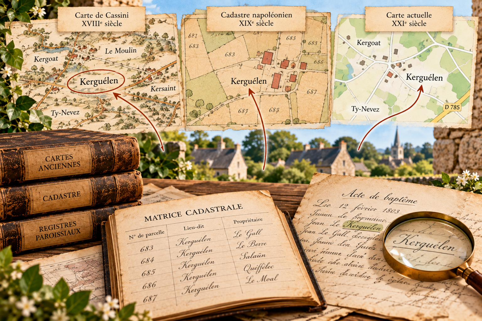 Comparaison d’une carte ancienne, du cadastre napoléonien et d’une carte actuelle pour retrouver un lieu-dit breton