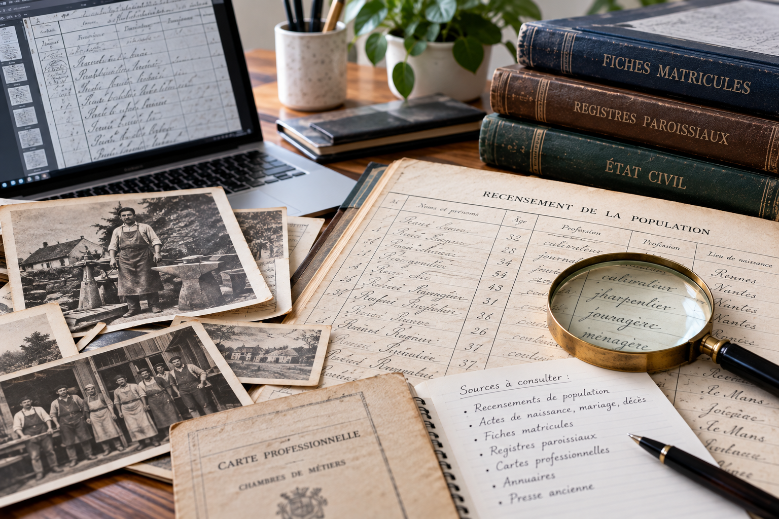Bureau de recherche généalogique avec recensement ancien, registres d’état civil, fiches matricules, photographies de travailleurs et ordinateur portable.