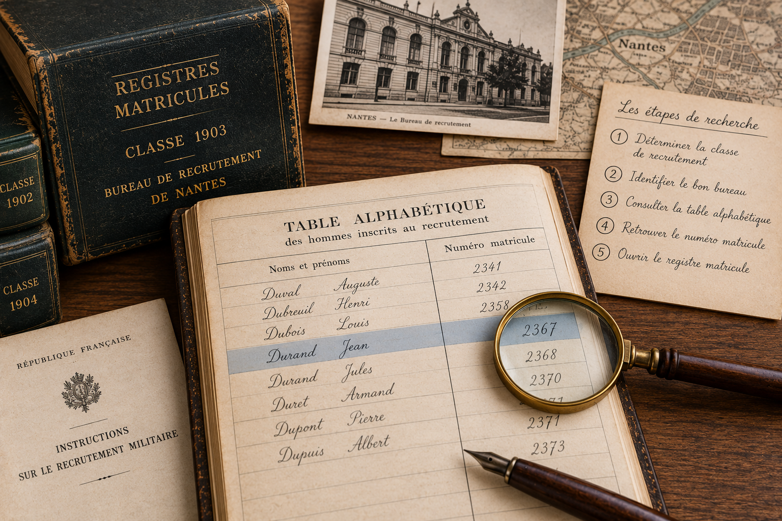 Table alphabétique de recrutement militaire avec nom du conscrit, numéro matricule et registres classés par année.